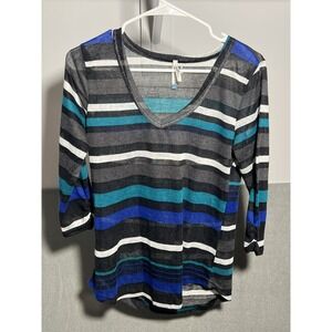 Melrose Women's XL Striped V-Neck 3/4 Sleeve Sheer Knit Top Black Blue Teal